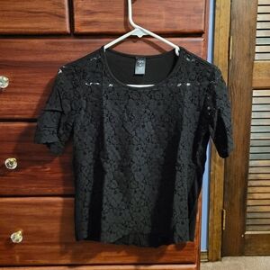 City Streets Black Transparent Floral Embroidered Style Short Sleeve Shirt Top S